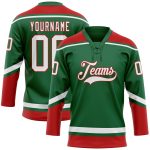 Custom Name and Number Hockey Jersey - Personalized Kelly Green White Red Lace Neck Team Apparel Personalized Kelly Green