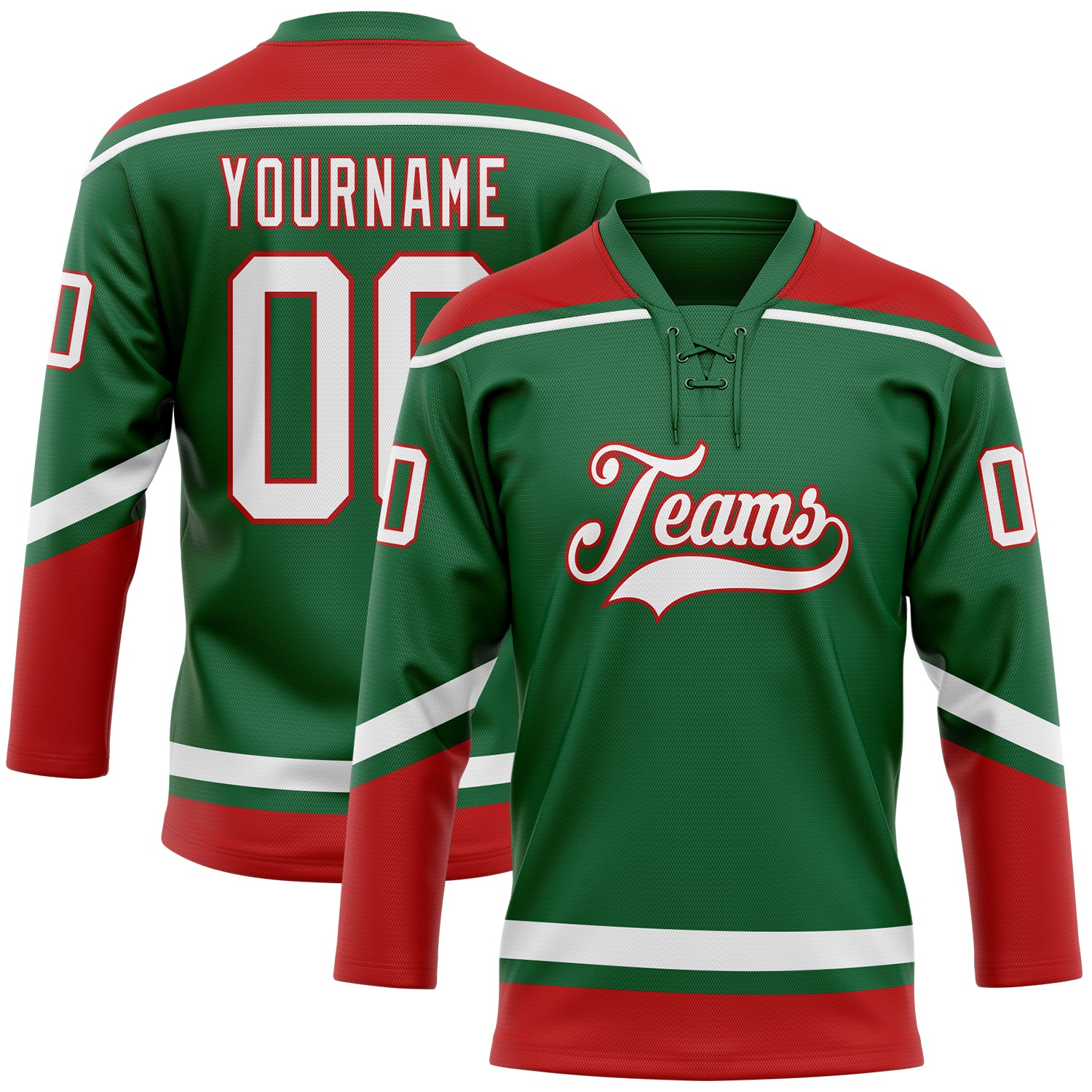 Custom Name and Number Hockey Jersey - Personalized Kelly Green White Red Lace Neck Team Apparel Personalized Kelly Green