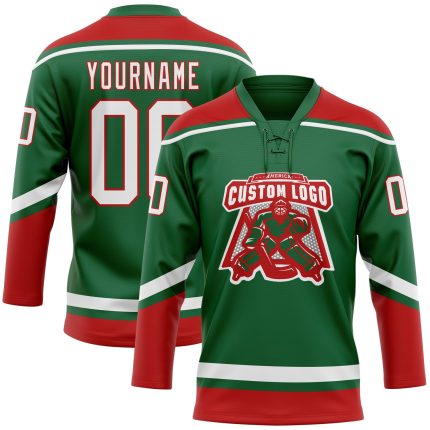 Custom Name and Number Hockey Jersey - Personalized Kelly Green White Red Lace Neck Team Apparel Personalized Kelly Green