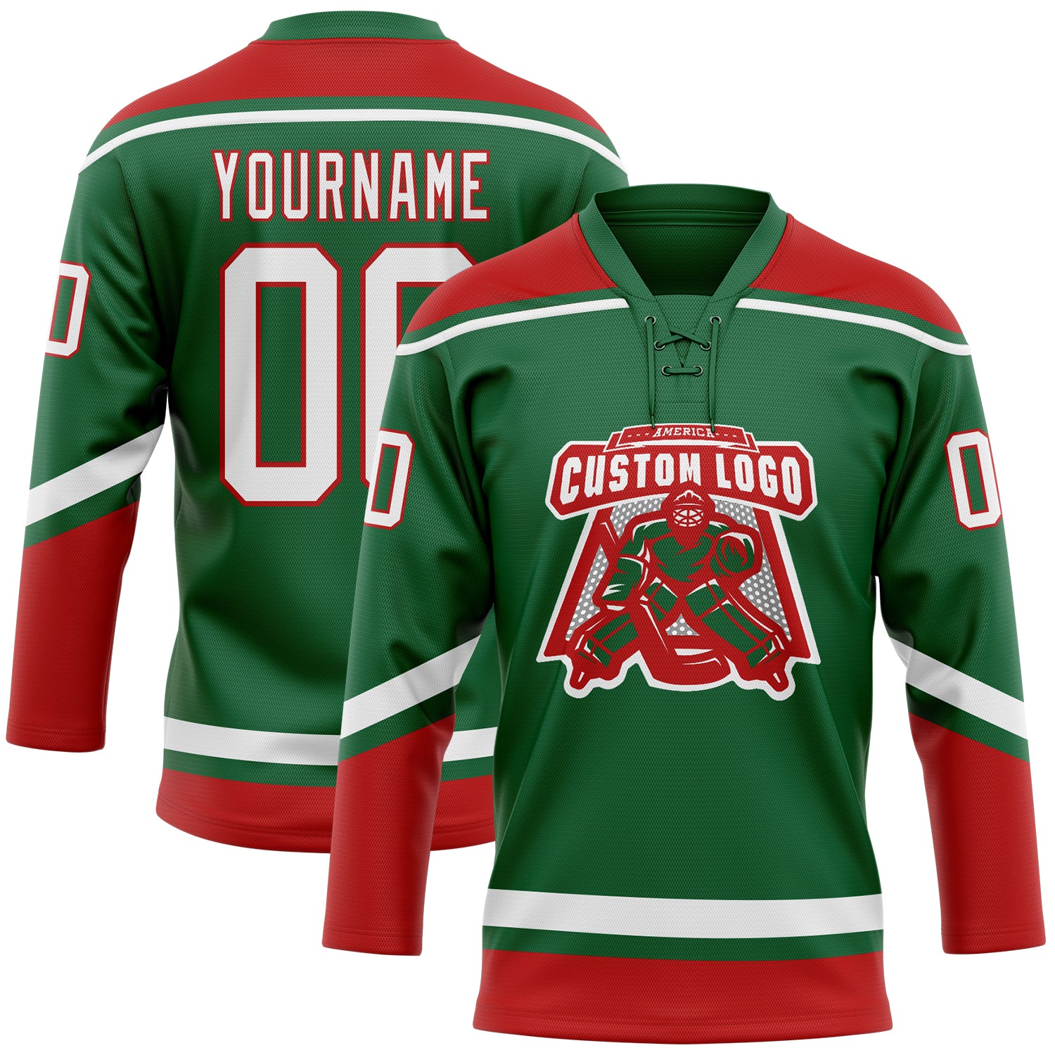 Personalized Kelly Green White-Red Hockey Lace Neck Jersey Team Custom Name and Number Custom Name and Number Hockey Jersey - Personalized Kelly Green White Red Lace Neck Team Apparel Personalized Kelly Green - Image 2