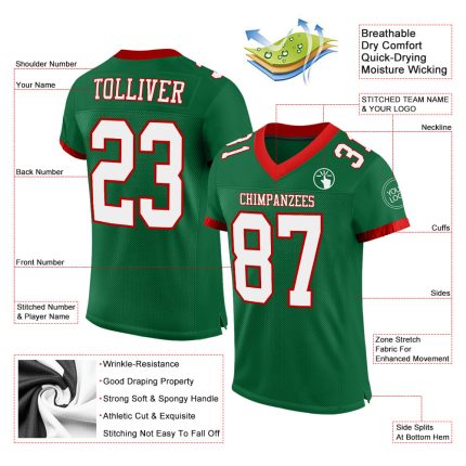 Personalized Authentic Football Jersey - Kelly Green with White-Red Mesh Design Personalized Kelly Green White-Red Mesh Authentic