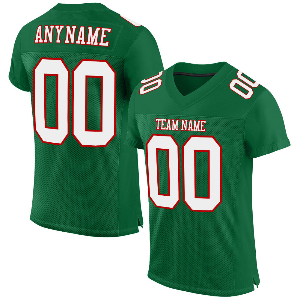Custom Team Football Jersey - Personalized Kelly Green with White-Red Mesh, Custom Name & Number Personalized Kelly Green