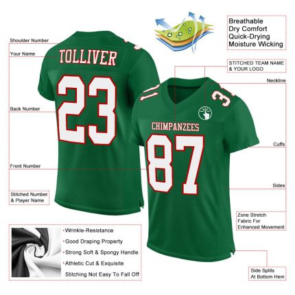 Custom Team Football Jersey - Personalized Kelly Green with White-Red Mesh, Custom Name & Number Personalized Kelly Green