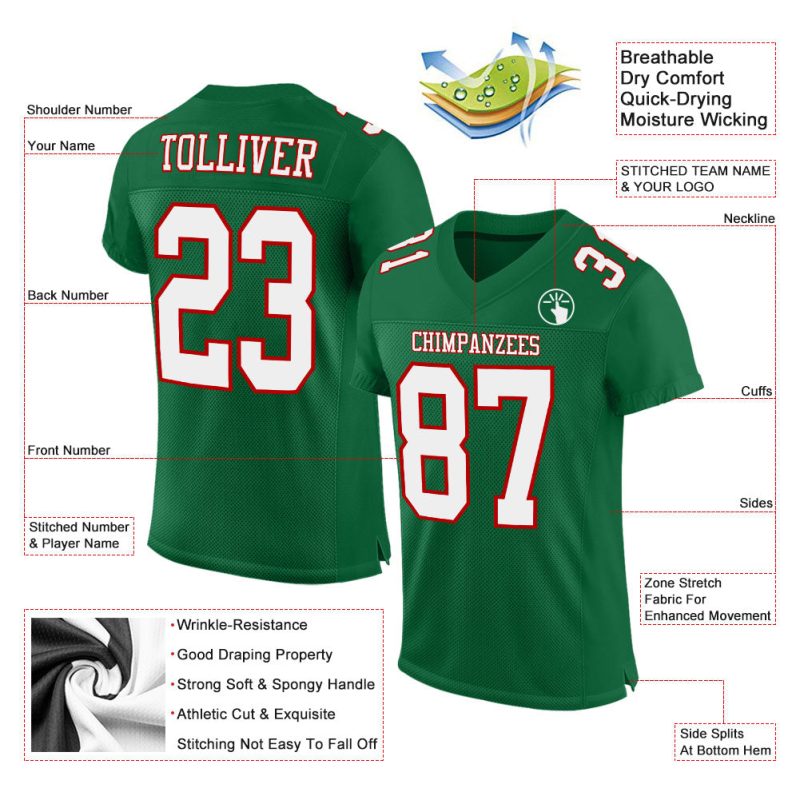 Custom Team Football Jersey - Personalized Kelly Green with White-Red Mesh, Custom Name & Number Personalized Kelly Green