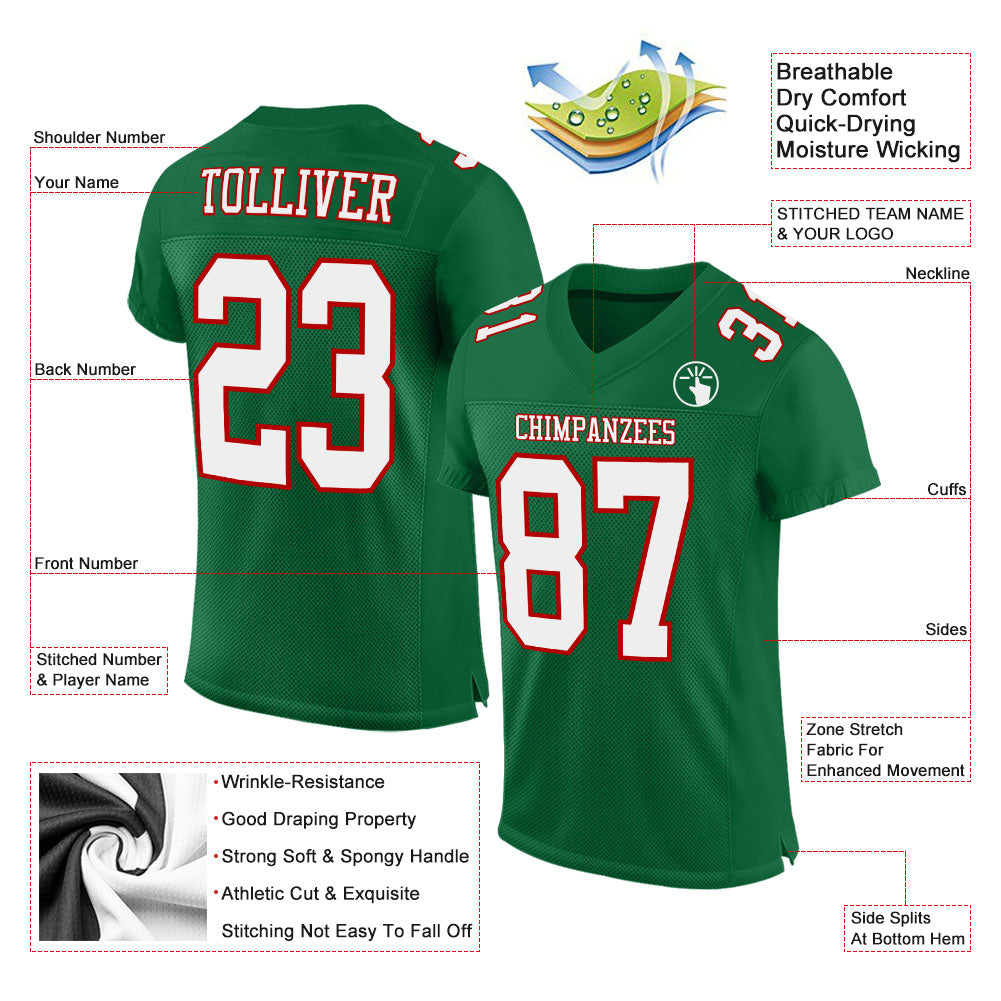 Personalized Kelly Green White-Red Mesh Authentic Football Jersey Team Custom Name and Number Custom Team Football Jersey - Personalized Kelly Green with White-Red Mesh, Custom Name & Number Personalized Kelly Green - Image 2