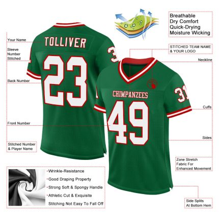 Customizable Kelly Green Red White Throwback Football Jersey - Personalized Team Name and Number Personalized Kelly Green