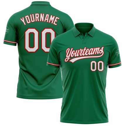 Custom Name Number Kelly Green Red White Performance Golf Polo Shirt - Personalized Team Apparel Personalized Kelly Green