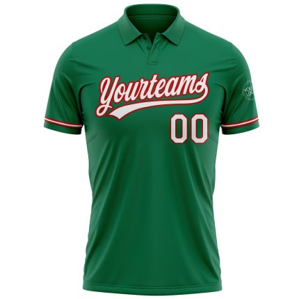 Custom Name Number Kelly Green Red White Performance Golf Polo Shirt - Personalized Team Apparel Personalized Kelly Green