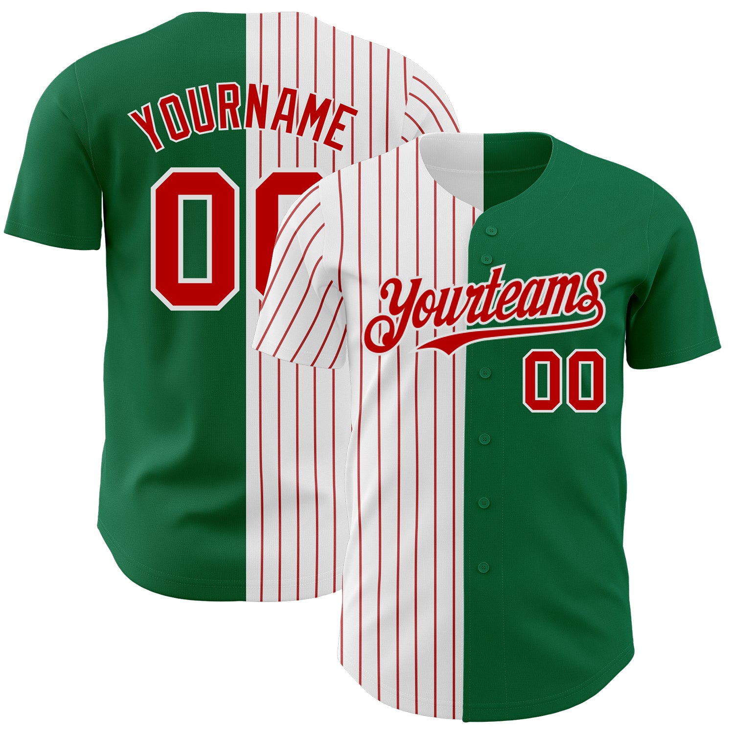 Custom Name Number Personalized Green Red Pinstripe Fashion Baseball Jersey - Authentic Split Style Personalized Kelly Green