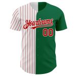 Custom Name Number Personalized Green Red Pinstripe Fashion Baseball Jersey - Authentic Split Style Personalized Kelly Green