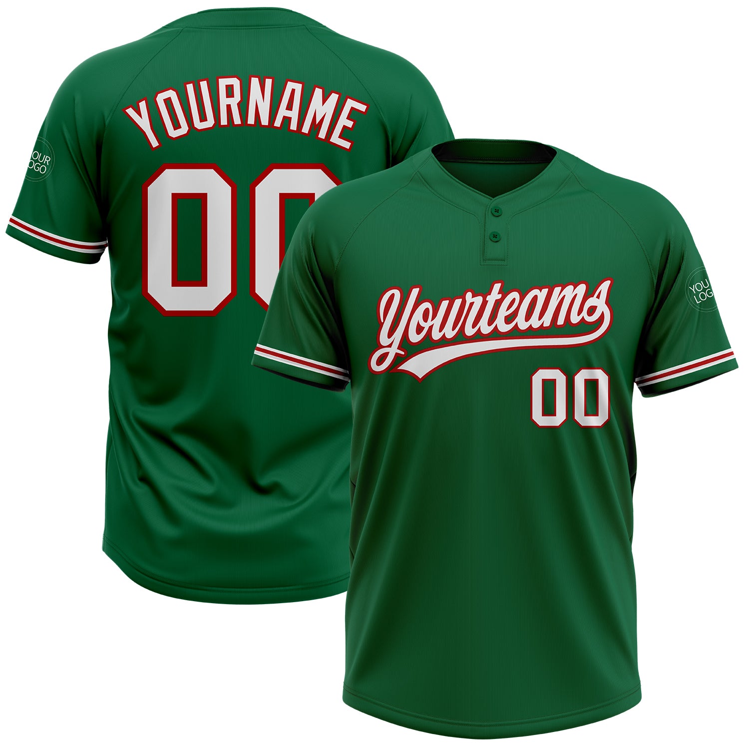 Custom Team Softball Jersey Unisex Two-Button Kelly Green White-Red with Personalized Name & Number Personalized Kelly Green