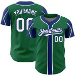 Custom Baseball Jersey with Personalized Name and Number, Kelly Green White-Royal, 3 Colors, Arm Shapes, Authentic Design