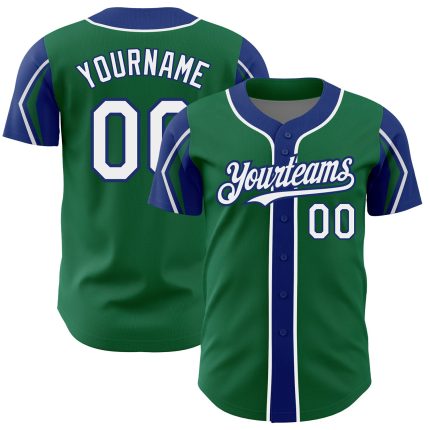 Custom Baseball Jersey with Personalized Name and Number, Kelly Green White-Royal, 3 Colors, Arm Shapes, Authentic Design