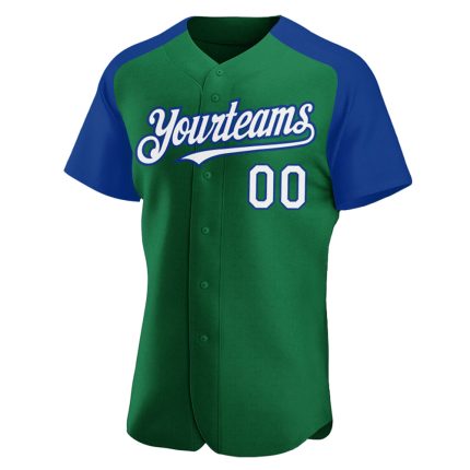 Custom Name & Number Baseball Jersey in Kelly Green & White-Royal, Authentic Raglan Sleeves Personalized Kelly Green White-Royal
