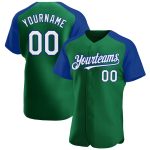Custom Name & Number Baseball Jersey in Kelly Green & White-Royal, Authentic Raglan Sleeves Personalized Kelly Green White-Royal