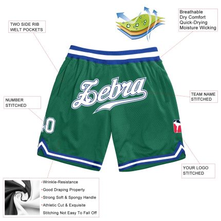 Custom Name Number Kelly Green White-Royal Basketball Shorts Authentic Throwback Team Gear Personalized Kelly Green White-Royal