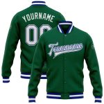 Custom Name and Number Varsity Letterman Jacket - Kelly Green White-Royal Full-Snap Bomber Personalized Kelly Green White-Royal