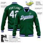 Custom Name and Number Varsity Letterman Jacket - Kelly Green White-Royal Full-Snap Bomber Personalized Kelly Green White-Royal