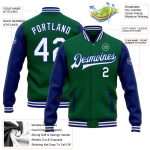 Custom Team Name and Number Two Tone Bomber Varsity Letterman Jacket in Kelly Green and White-Royal Personalized Kelly Green