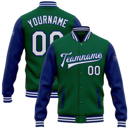 Custom Team Name and Number Two Tone Bomber Varsity Letterman Jacket in Kelly Green and White-Royal Personalized Kelly Green