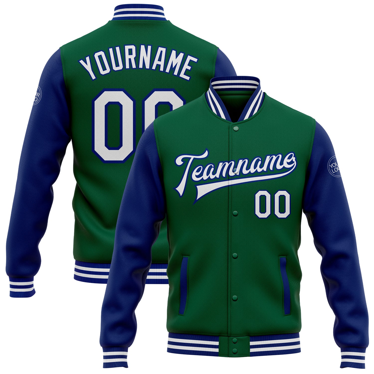 Custom Team Name and Number Two Tone Bomber Varsity Letterman Jacket in Kelly Green and White-Royal Personalized Kelly Green