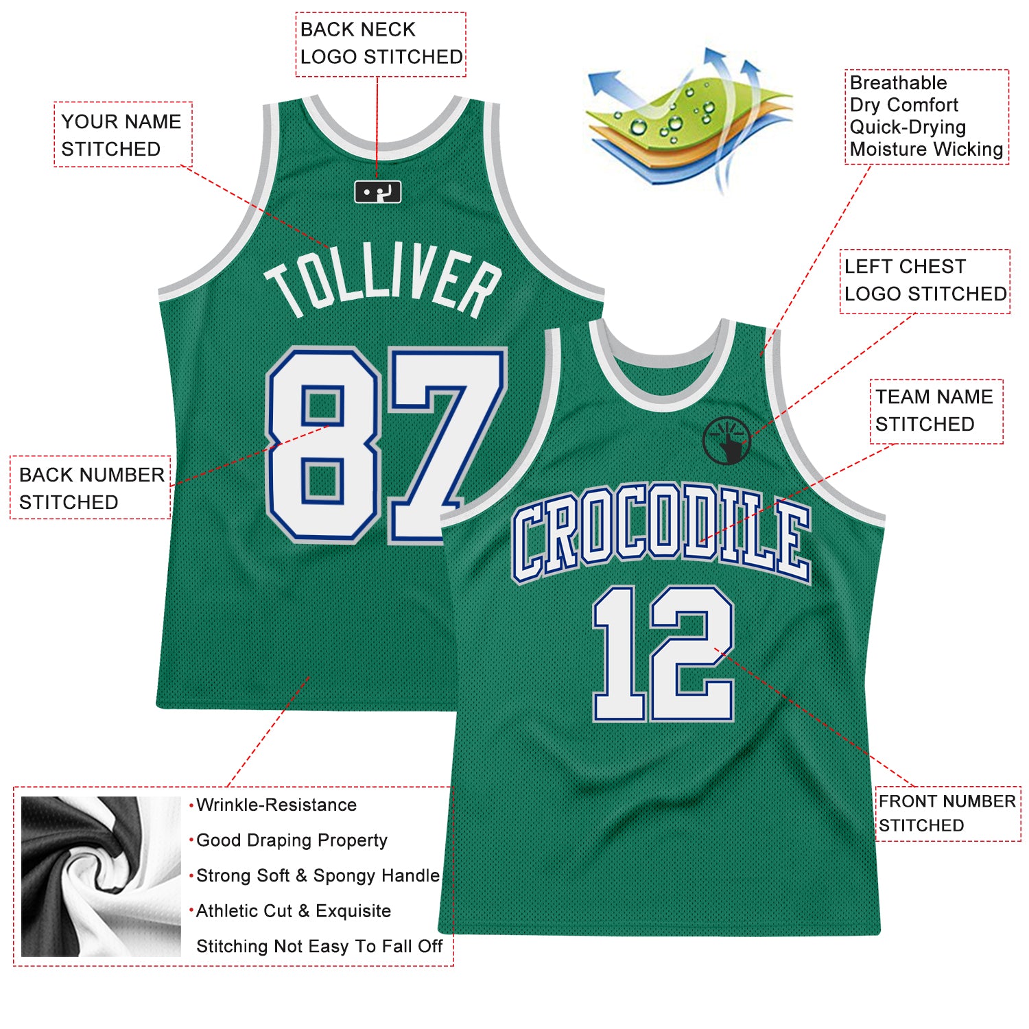 Personalized Kelly Green White Royal-Gray Authentic Throwback Basketball Jersey Team Custom Name and Number Personalized Basketball Jersey with Custom Name and Number in Kelly Green, White, and Royal-Gray - Authentic Throwback Style - Image 2