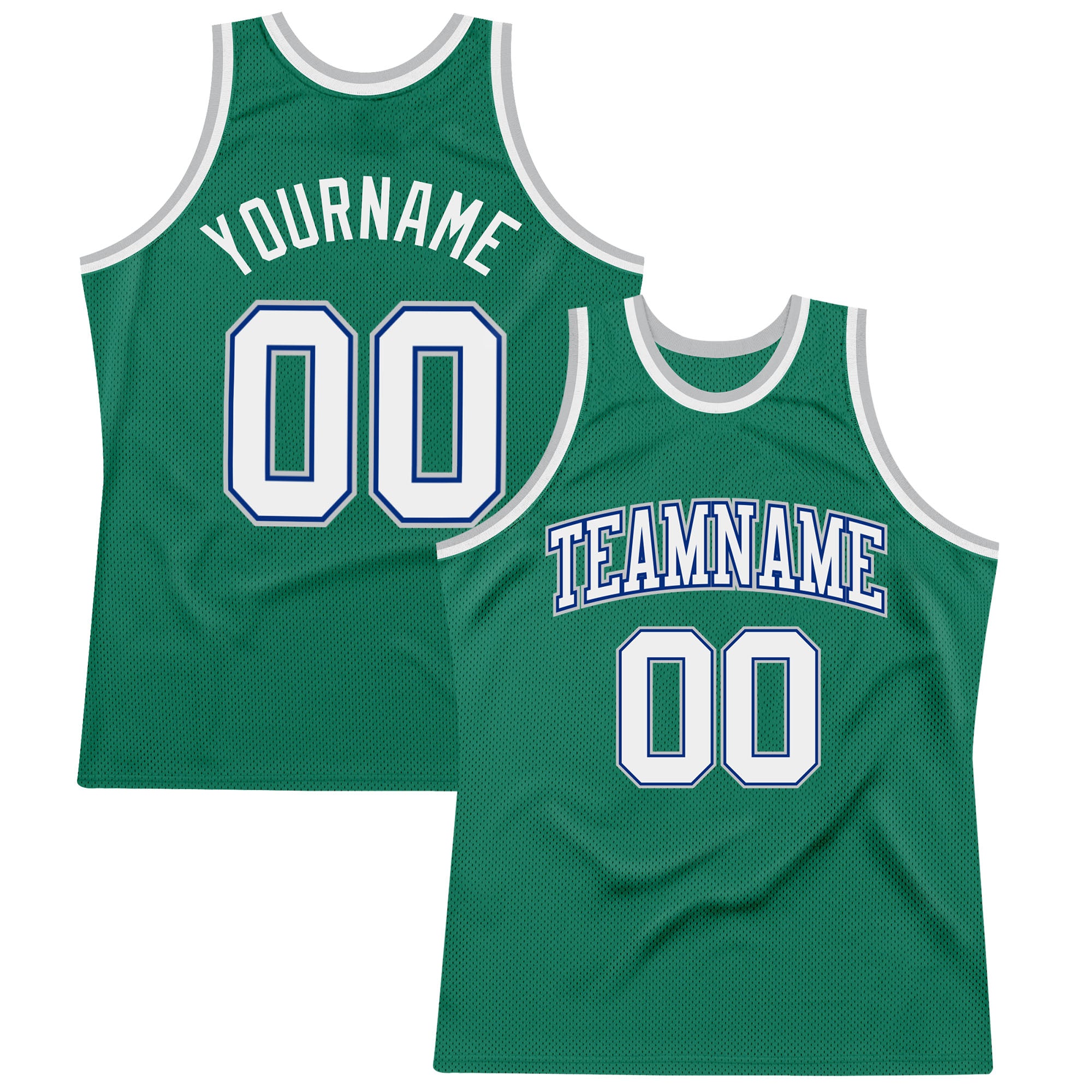 Personalized Basketball Jersey with Custom Name and Number in Kelly Green, White, and Royal-Gray - Authentic Throwback Style