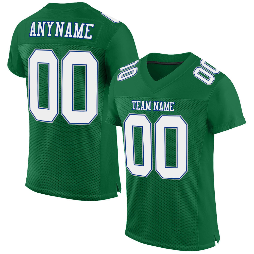 Personalized Custom Football Jersey with Name & Number in Kelly Green, White, Royal, and Gray Mesh Personalized Kelly Green