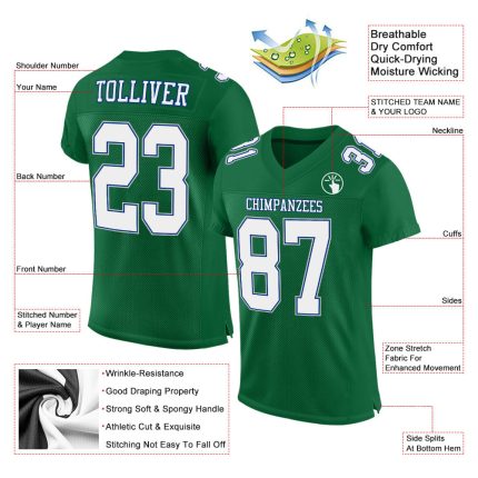 Personalized Custom Football Jersey with Name & Number in Kelly Green, White, Royal, and Gray Mesh Personalized Kelly Green