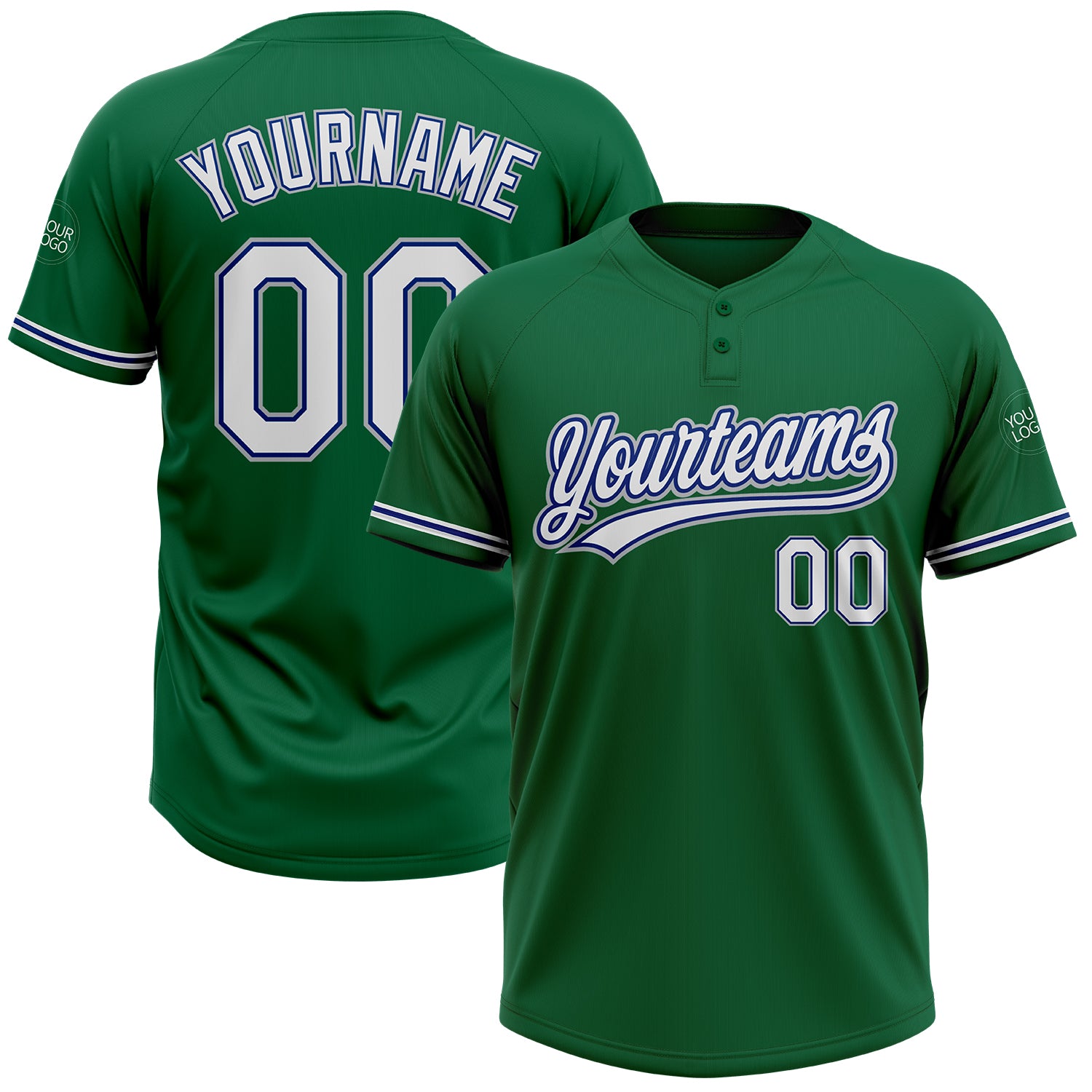 Custom Name and Number Unisex Softball Jersey in Kelly Green, White, and Royal Gray - Two-Button Design Personalized Kelly