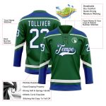 Custom Name and Number Hockey Jersey in Kelly Green and White-Royal Lace Neck Design - Personalized Team Apparel Personalized