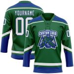 Custom Name and Number Hockey Jersey in Kelly Green and White-Royal Lace Neck Design - Personalized Team Apparel Personalized
