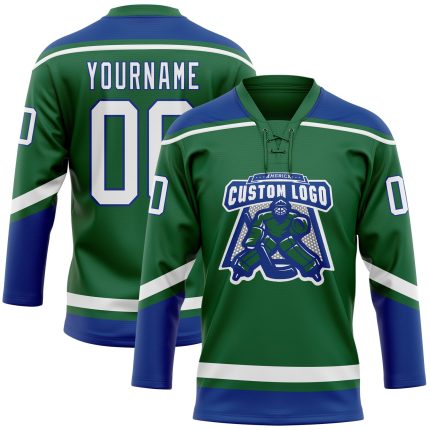 Custom Name and Number Hockey Jersey in Kelly Green and White-Royal Lace Neck Design - Personalized Team Apparel Personalized