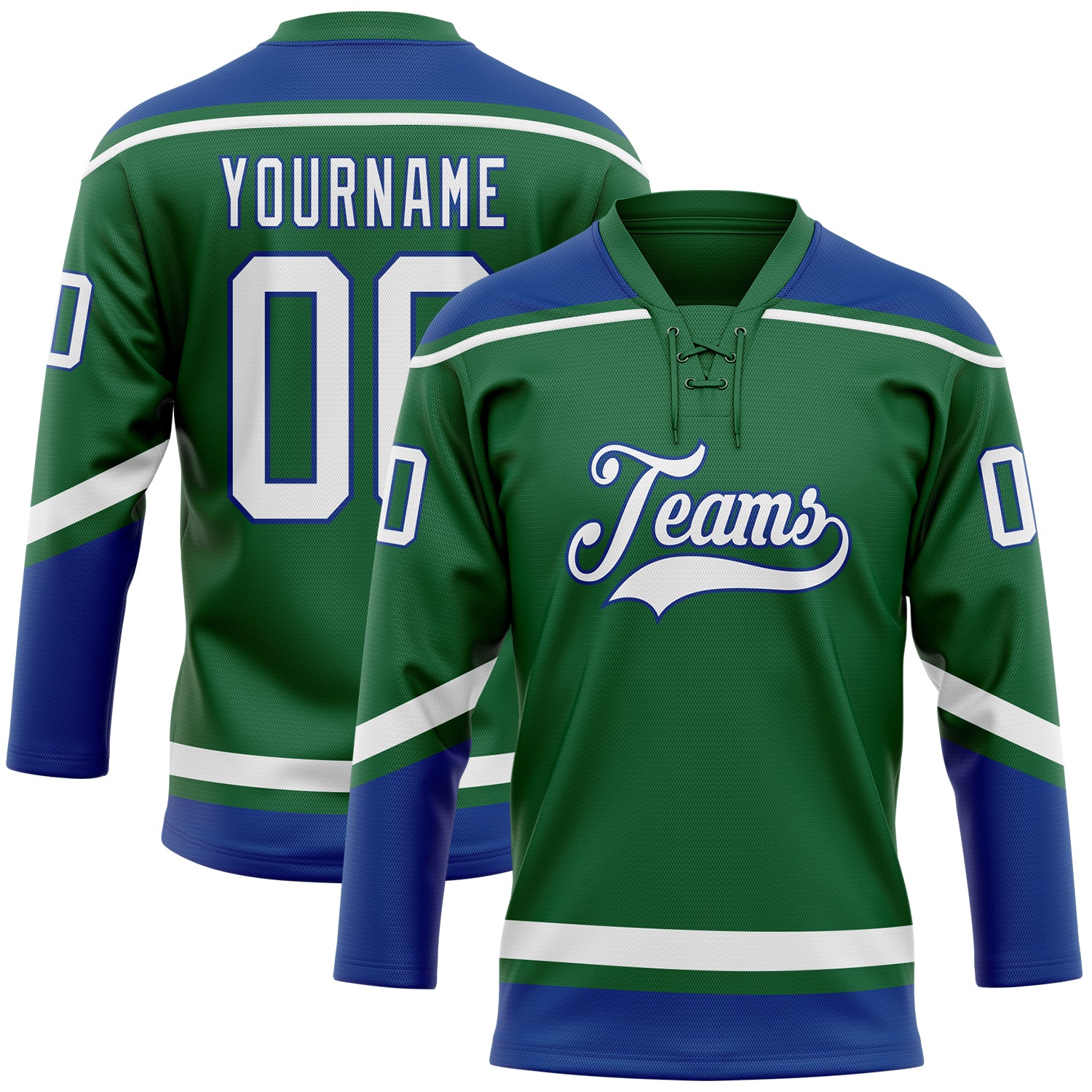 Custom Name and Number Hockey Jersey in Kelly Green and White-Royal Lace Neck Design - Personalized Team Apparel Personalized