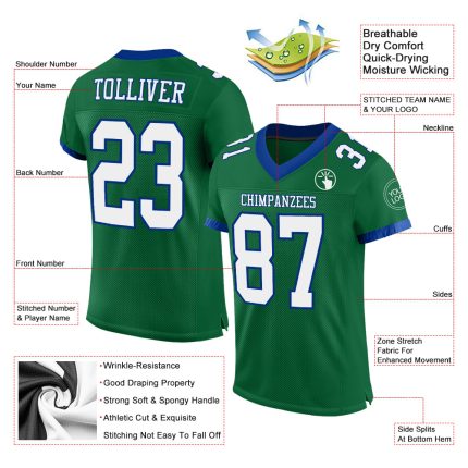 Custom Name Number Personalized Football Jersey in Kelly Green White-Royal Mesh Personalized Kelly Green White-Royal Mesh