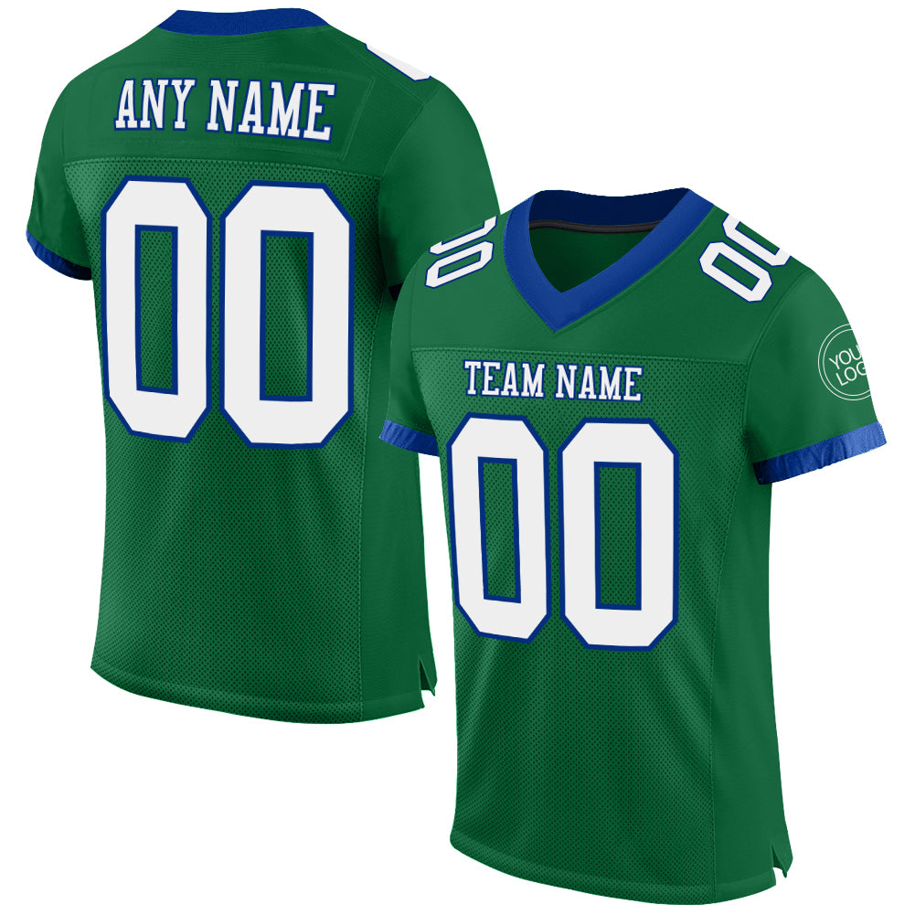 Custom Name Number Personalized Football Jersey in Kelly Green White-Royal Mesh Personalized Kelly Green White-Royal Mesh