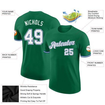 Custom Team Name and Number T-Shirt in Kelly Green, White, and Royal - Performance Tee Personalized Kelly Green White-Royal