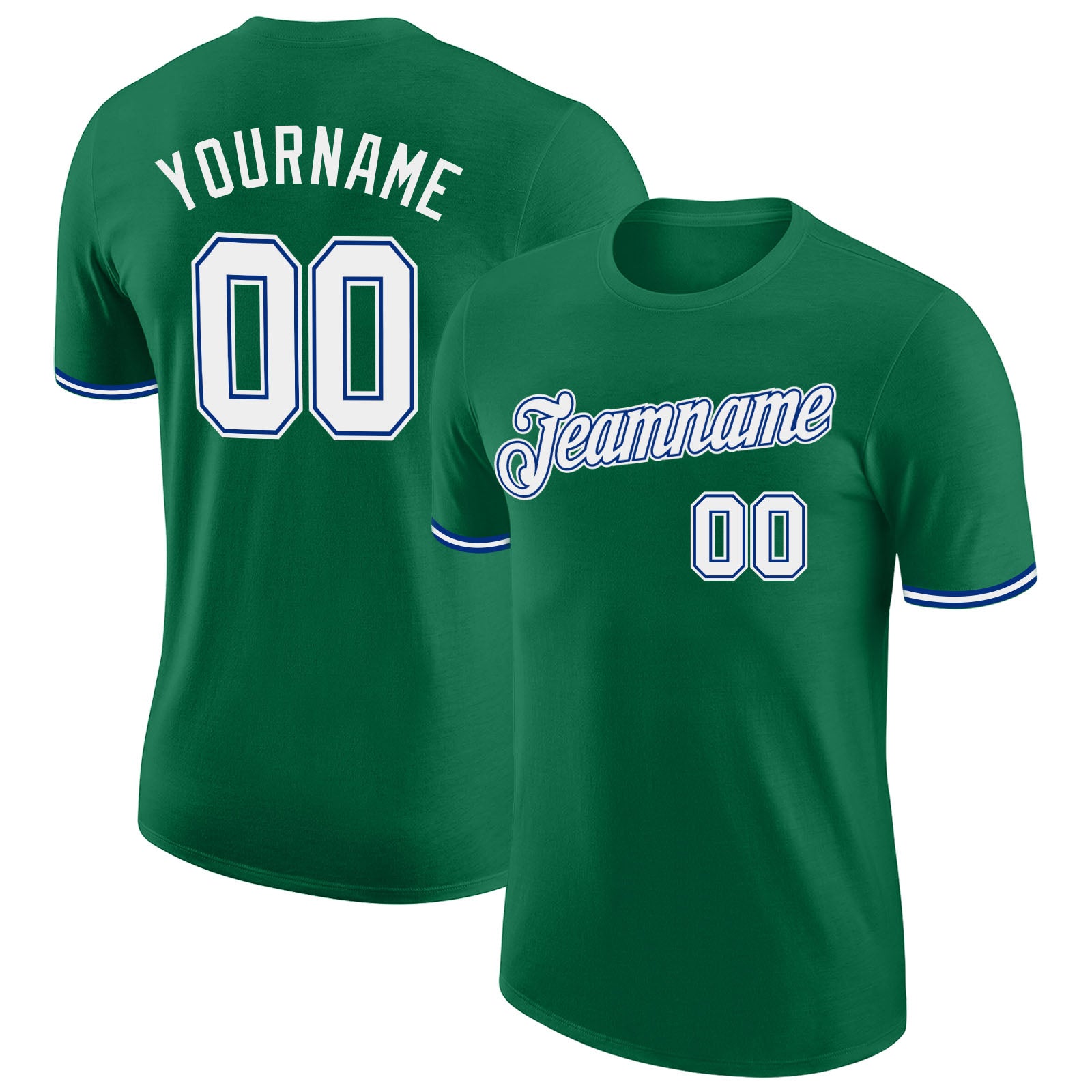 Custom Team Name and Number T-Shirt in Kelly Green, White, and Royal - Performance Tee Personalized Kelly Green White-Royal