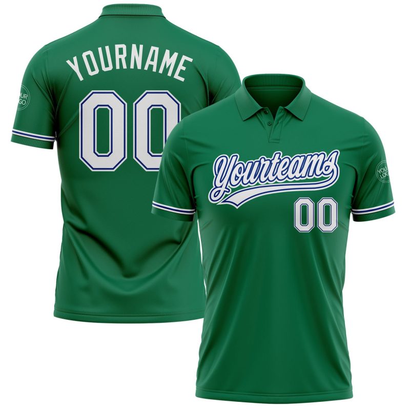 Custom Name and Number Performance Golf Polo Shirt in Kelly Green White-Royal Personalized Kelly Green White-Royal Performance