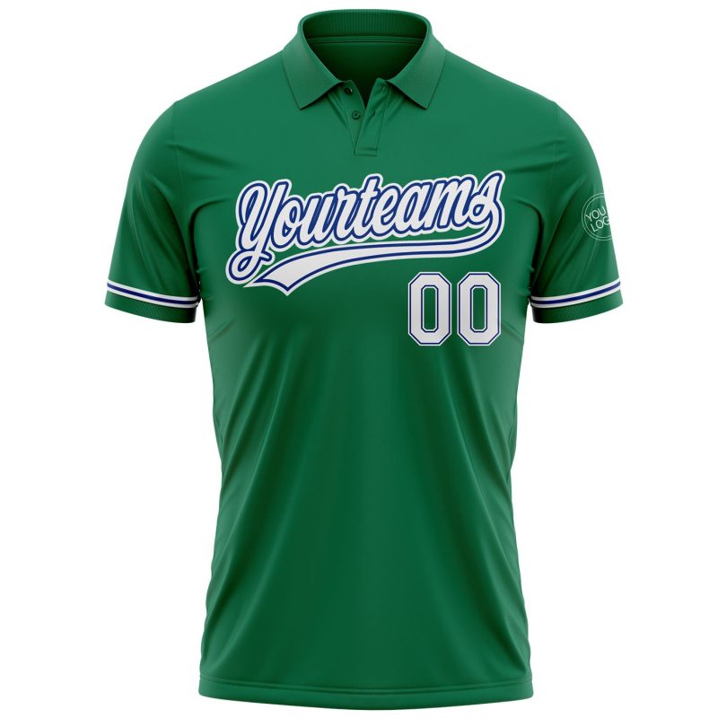 Custom Name and Number Performance Golf Polo Shirt in Kelly Green White-Royal Personalized Kelly Green White-Royal Performance