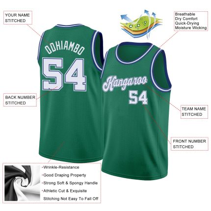 Custom Basketball Jersey with Personalized Name & Number in Kelly Green and White-Royal Round Neck Rib-Knit Design Personalized