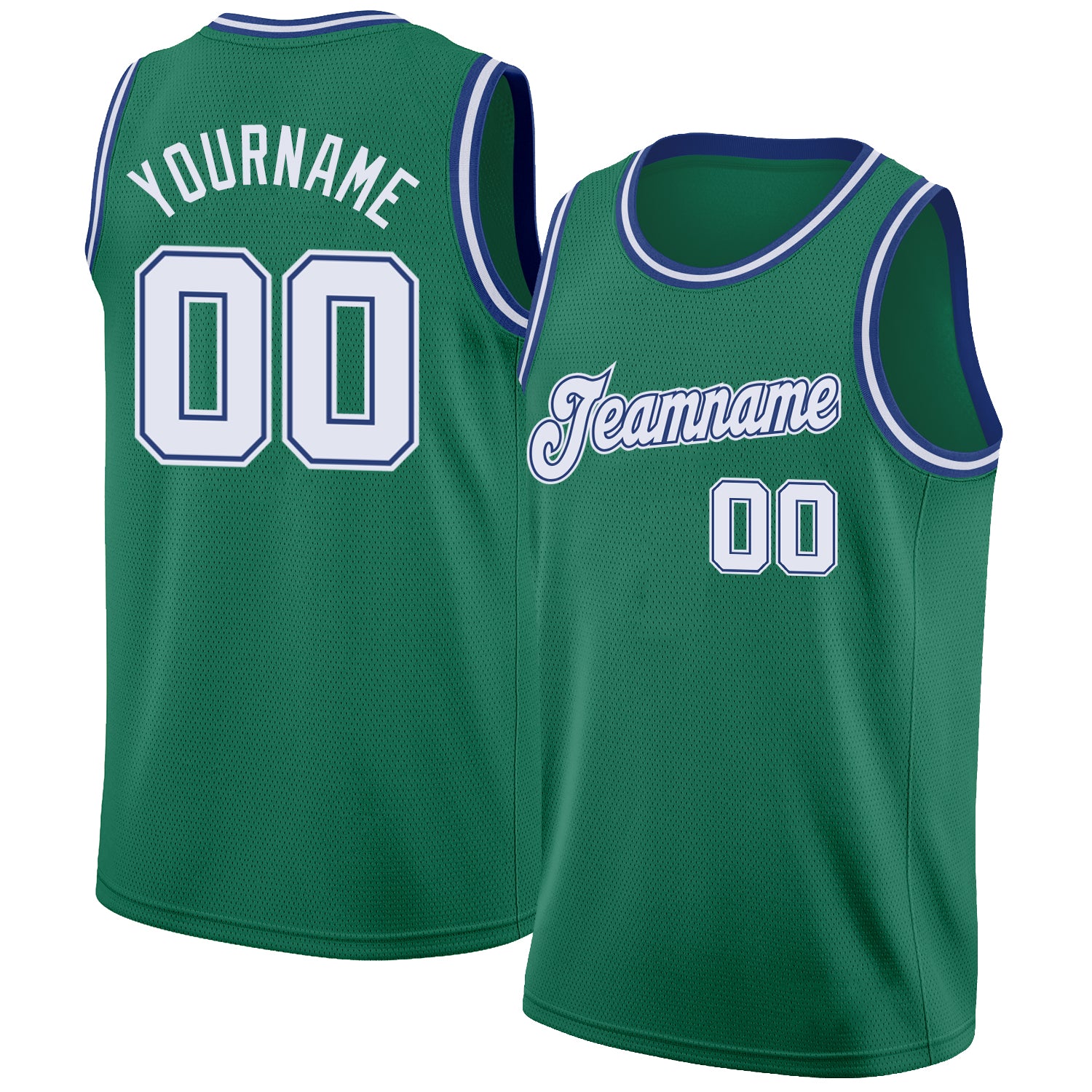 Custom Basketball Jersey with Personalized Name & Number in Kelly Green and White-Royal Round Neck Rib-Knit Design Personalized