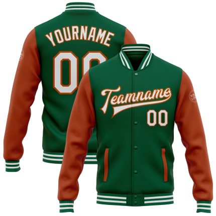 Custom Two Tone Bomber Jacket with Personalized Name and Number, Kelly Green and Texas Orange Varsity Letterman Full-Snap Jacket