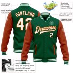 Custom Two Tone Bomber Jacket with Personalized Name and Number, Kelly Green and Texas Orange Varsity Letterman Full-Snap Jacket
