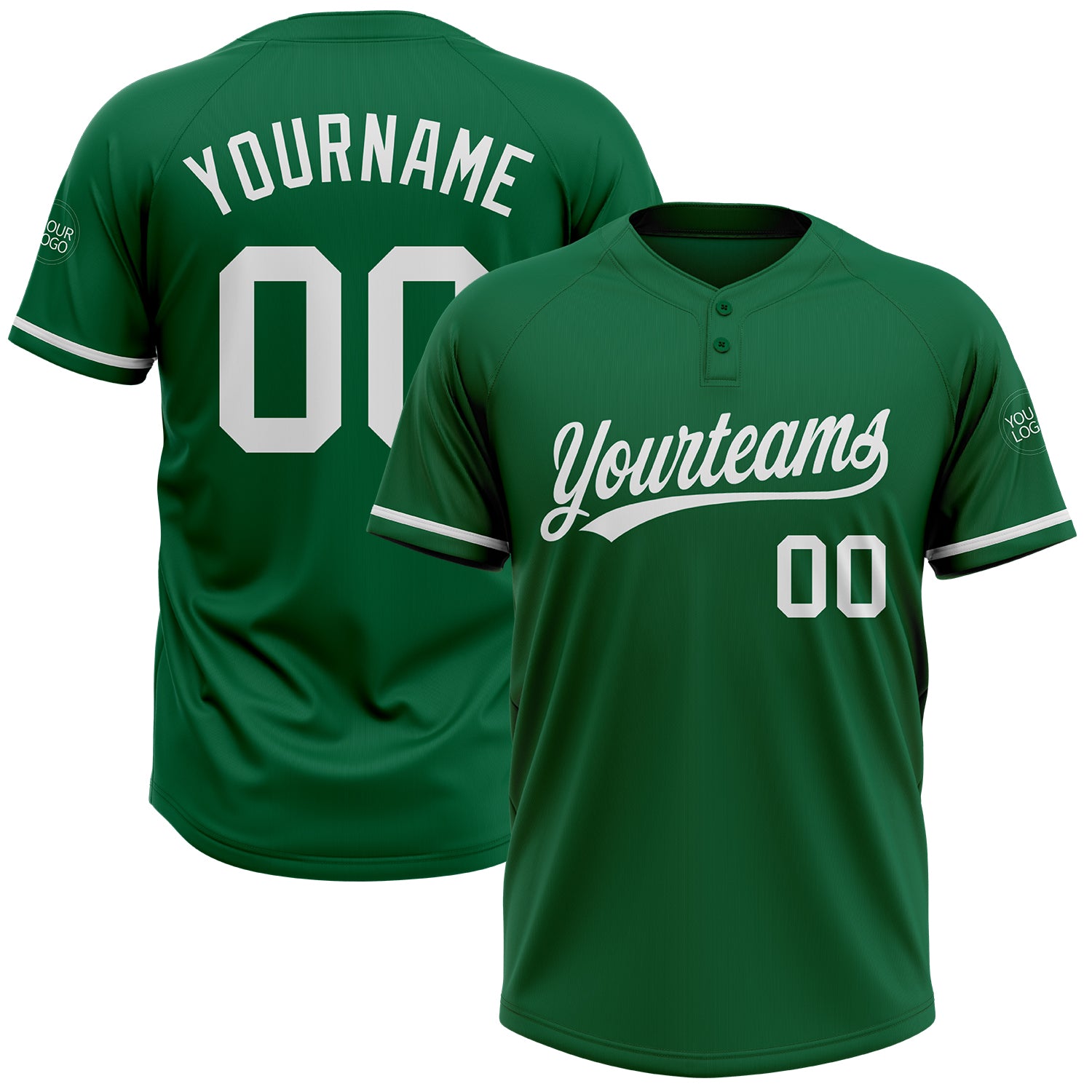 Custom Name and Number Unisex Softball Jersey - Personalized Kelly Green White Two-Button Design Personalized Kelly Green