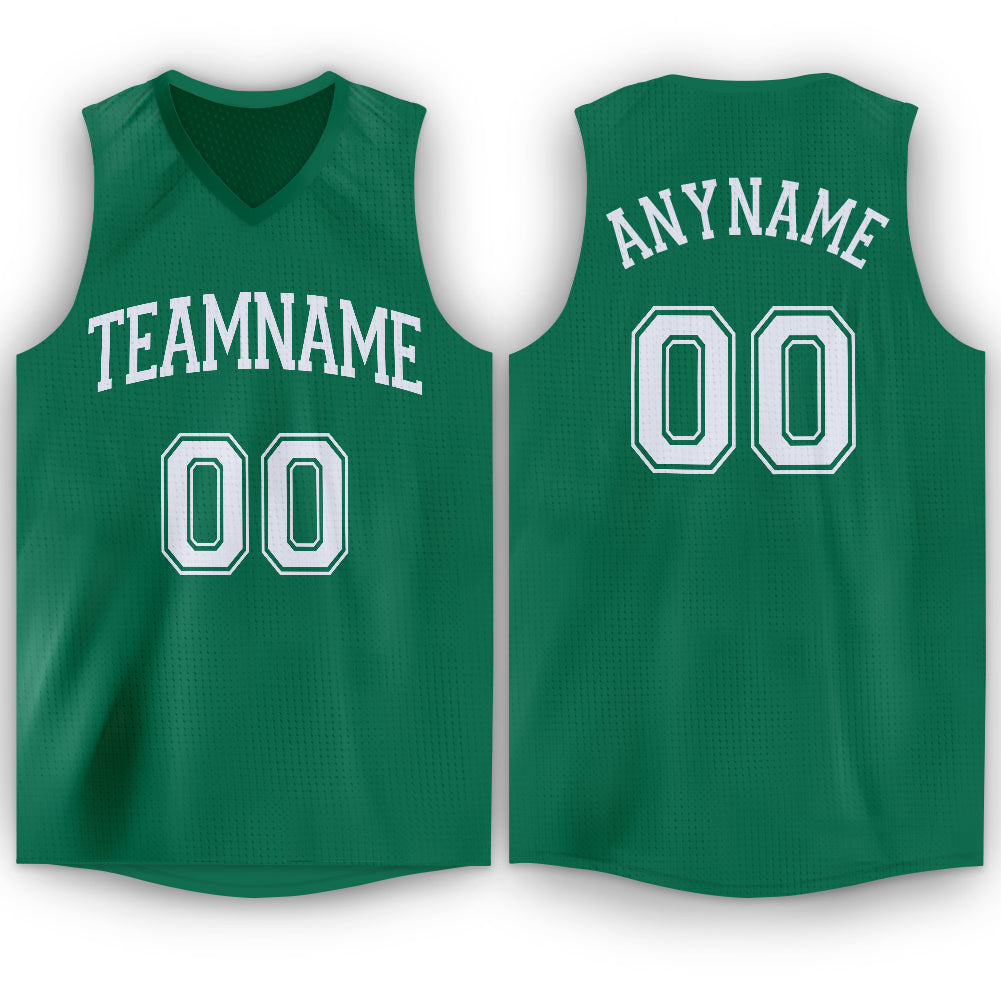Custom Team Name and Number V-Neck Basketball Jersey in Kelly Green and White Personalized Kelly Green White V-Neck Basketball