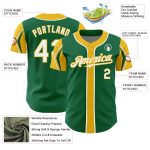 Custom Personalized Baseball Jersey in Kelly Green and White-Yellow with Arm Shapes - Team Name and Number Personalized Kelly