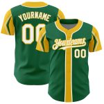 Custom Personalized Baseball Jersey in Kelly Green and White-Yellow with Arm Shapes - Team Name and Number Personalized Kelly
