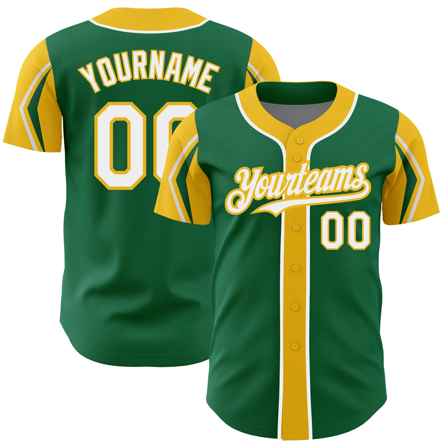 Custom Personalized Baseball Jersey in Kelly Green and White-Yellow with Arm Shapes - Team Name and Number Personalized Kelly