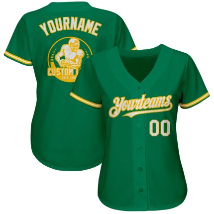 Custom Authentic Baseball Jersey with Personalized Name and Number in Kelly Green White-Yellow Personalized Kelly Green White-Yellow